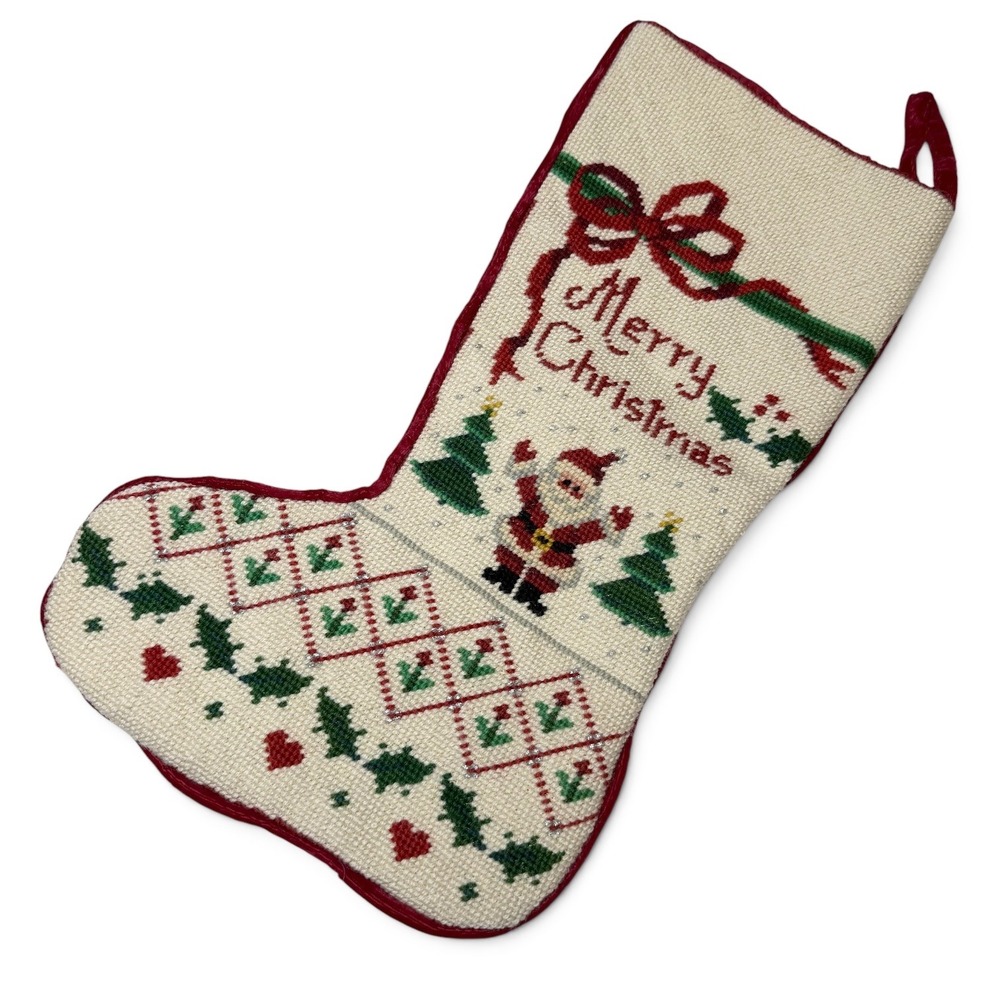 Handmade Needlepoint Christmas Stocking 19in Santa Trees Red Velvet Lined
